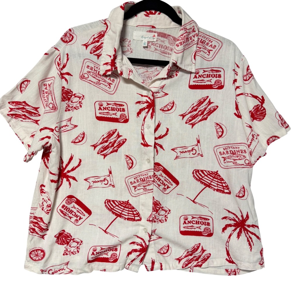 Angel Kiss Women Large White Red Sardine Anchovy Print Linen Blend Shirt 0894